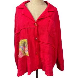 VTG Saint Germain Paris XL Red Patchwork Button Up Blouse Rayon Linen Floral Art